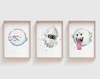 Boo and Blooper Art Prints, Set of 3 Prints, Mario Fan Art, Videogame Art, Watercolor Mario Prints, Boo Ghost, Blooper Squid, Set of 3 Print