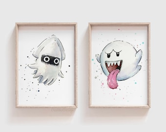 Boo and Blooper Art Prints, Watercolor Video Game Art, Set of 2