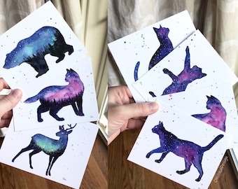 Juego de postales de galaxias, postales de acuarela, juego de postales, arte animal, postales de gatos, acuarela celestial, regalo del zodíaco, juego de 7 postales