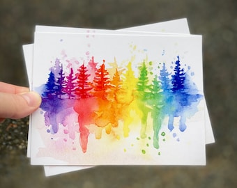 Rainbow Forest Watercolor Postcards, Colorful Pine Tree Art