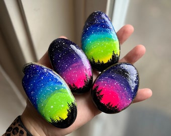 Galaxy Painting, Celestial Art, Painted Rocks, Hand-Painted Stone, Keepsake, Northern Lights Art, Acrylic Painting, Forest Silhouette Art