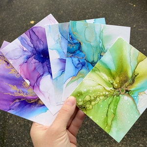 Cartes postales d’art abstrait, Ensemble de 5 cartes, Peinture d’art fluide, Art abstrait à l’encre, Cartes postales uniques Cartes colorées, Ensemble de cartes postales, Belles cartes