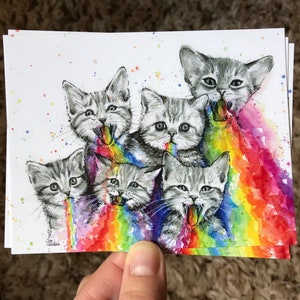 Postales divertidas, Gatitos Prueben las postales de acuarela del arco iris, Juego de postales de animales, Gatos divertidos, Tarjetas de arco iris Postales de acuarela