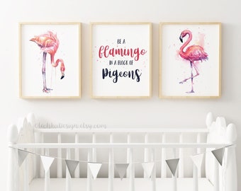 Flamingo Prints, Flamingo Art, Flamingo Watercolor, Pink Flamingo Art, Flamingo Painting, Flamingo Decor, Flaming Gift, Art Print Set