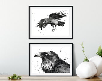 Set of 2 Raven Prints, Raven Wall Art, Raven Art Prints, Raven Watercolor, Raven Gift, Raven Decor, Raven Painting, Black Bird Art, Giclee