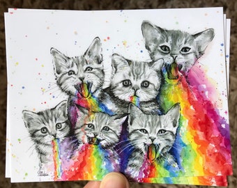 Funny Postcards, Kittens Taste the Rainbow Watercolor Postcards, Animal Postcard Set, Funny Cats, Rainbow Cards Watercolor Postcards