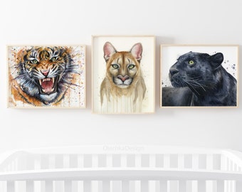 Watercolor Big Cats Art Print Set, Nursery Decor