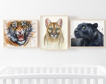 Big Cats Art Print Set, Puma Jaguar Panther Tiger, Wild Cats Watercolor Prints, Nursery Prints, Fierce Animals Art, Tiger Art, Set of 3