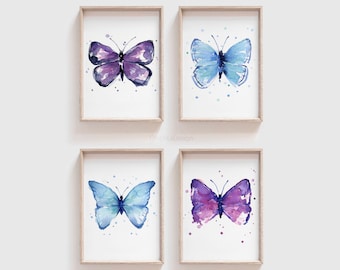 Blue Purple Butterfly Watercolor Art Prints, Set of 4