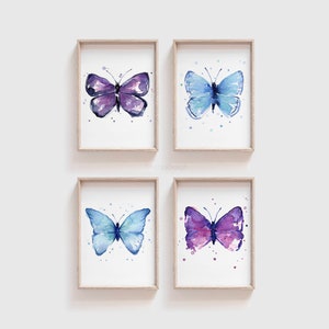 Butterfly Art Prints, Butterfly Wall Art, Blue Purple Butterflies Watercolor, Minimalistic Butterfly Art, Set of 4 Prints
