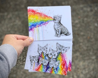 Funny Postcards, Postcard Set, Rainbow Puking Cats, Rainbow Vomit, Whimsical Funny Animal Cards, Kitten Postcards, Set of 4 Postcards