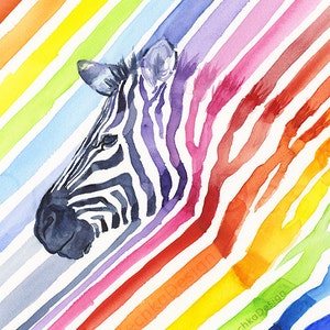 Rainbow Zebra Watercolor Art Print, Colorful Animal Nursery image 2