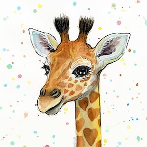 May include: Watercolor painting of a giraffe with brown and yellow spots. The giraffe has large, dark eyes and a sweet expression. The background is white with colorful splatter paint.