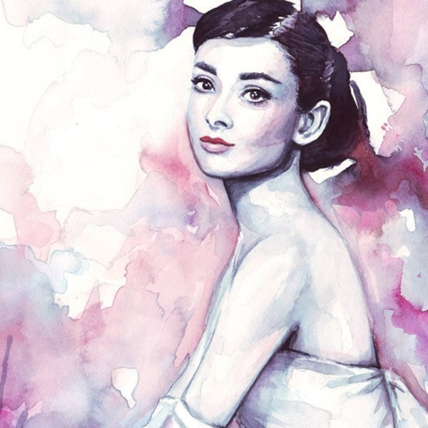 Portret Audrey Hepburn, Audrey Akwarela, Sztuka ścienna Audrey Hepburn, Prezent Audrey Hepburn, Akwarela modowa, Ilustracja modowa