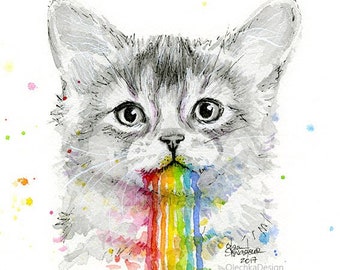 子猫が虹を吐く、虹色の嘔吐物、かわいい子猫、水彩の子猫、面白い猫の