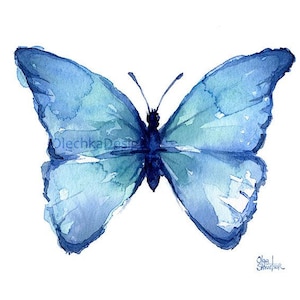 May include: A watercolor painting of a blue butterfly with its wings spread open. The butterfly is painted in shades of blue and green, with a hint of white in the center of the wings.
