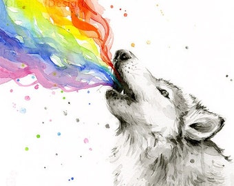 Wolf Watercolor, Rainbow Animal, Howling Wolf, Art Print, Wolf Painting, Wolves Artwork, Whimsical Animal, Wolf Print, Wolf Nursery Art