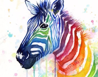 Zebra Art, Zebra Wall Art, Zebra Art Print, Zebra Watercolor, Rainbow Zebra, Rainbow Art, Rainbow Wall Art, Nursery Wall Art, Rainbow Decor
