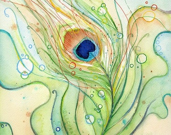 Peacock Feather Watercolor Art Print, Green Bird Decor, Giclee Print