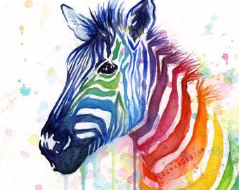 Zèbre aquarelle arc-en-ciel, cadeau de zèbre, impression de zèbre, art de zèbre, peinture de zèbre, art animalier coloré, art animalier lunatique, impression d'art de pépinière