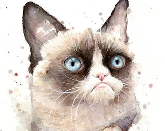 Grumpy Cat Watercolor Giclee Art Print, Animal Portrait