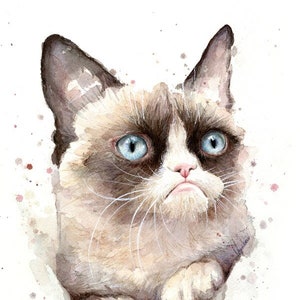 Grumpy Cat Watercolor Giclee Art Print, Animal Portrait image 1