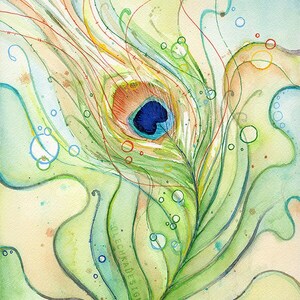 May include: A watercolor painting of a peacock feather with a blue eye, surrounded by green, blue, and yellow swirls and bubbles. The artist's signature, "OLECHKA DESIGN", is visible in the lower right corner.