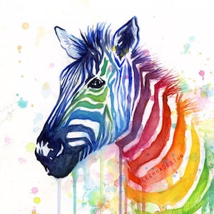 Zebra Watercolor Rainbow, Zebra Gift, Zebra Print, Zebra Art, Zebra Painting, Colorful Animal Art, Whimsical Animal Art, Nursery Art Print image 1