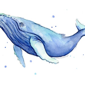 May include: Watercolor painting of a blue whale swimming in the ocean. The whale is depicted in a light blue color with darker blue accents. The background is white with small blue dots.