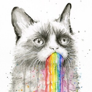 May include: A watercolor painting of a grumpy cat with a rainbow coming out of its mouth. The cat is drawn in shades of gray, and the rainbow is a vibrant mix of colors.