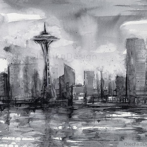 Seattle Skyline Painting, Seattle Art, Seattle Gift, Seattle Art Print, Space Needle, Seattle Watercolor, PNW Art, Black and White, City Art