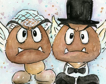 Mario Wedding, Wedding Gift, Geek Wedding, Goomba Bride and Groom Watercolor Art Print, Geek Videogame