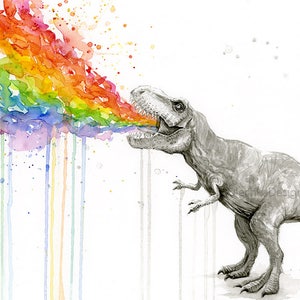 May include: A watercolor painting of a Tyrannosaurus Rex dinosaur breathing out a rainbow. The dinosaur is drawn in shades of gray, while the rainbow is a vibrant mix of colors. The background is white.