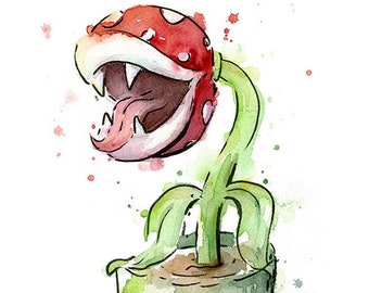 Mario Art Print Gamer Wall Art Piranha Plant Watercolor Painting Giclee Print Gaming Wall Decor Geek Painting Mario Bro Fan Art