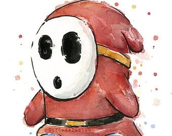 Shy Guy Watercolor Art Print, Mario Fan Art,  Art Geek Videogame Print, ShyGuy Mario Decor Geek Painting Videogame Fan Art