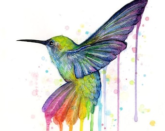 Hummingbird Art Print Rainbow Watercolor Animal Painting Rainbow Hummingbird, Hummingbird Print Watercolor Animals Whimsical Bird