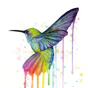 Hummingbird Art Print Rainbow Watercolor Animal Painting Rainbow Hummingbird, Hummingbird Print Watercolor Animals Whimsical Bird