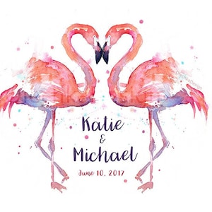 Pink Flamingos Print, Flamingo Wedding Print, Personalized Gift, Engagement Gift, Two Flamingos, Names Date Wedding Art Print Couples Art