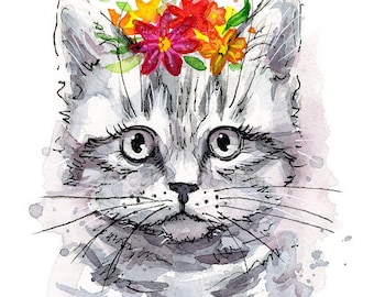 Cat Wall Art, Animal Watercolor, Cat with Flowers Art, Cat Art Print, Cat Watercolor, Nursery Wall Art, Floral Art, Cat Lover Gifts