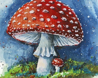 Amanita Muscaria Art Print, Red Mushroom Watercolor Illustration