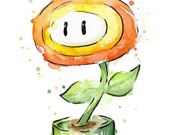 Fire Flower Watercolor Art Print Mario Bros Painting Videogame Supermario Geek Art Print Gamer Decor Videogame Art