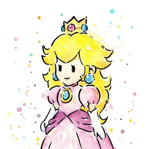 Princess Peach, Watercolor Painting, Princess Peach Art Print, Mario Print, Mario Painting, Princess Peach Painting, Mario Game image 1