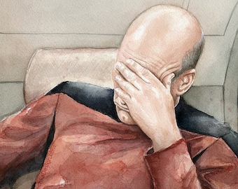 Picard Facepalm Watercolor Art Print, Funny Sci-Fi Meme