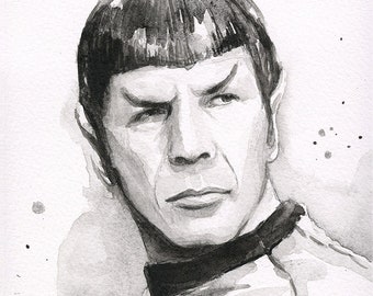 Retrato de Spock, Impressão de Spock, Arte de Spock, Impressão de Pintura em Aquarela, Ficção Científica, Leonard Nimoy