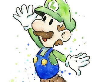 Luigi Portrait Watercolor Art Print, Luigi Fan Art, Gamer Art, Geek Videogames Supermario Decor