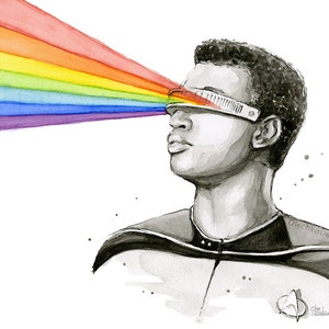 May include: A watercolor painting of a person wearing a black and grey uniform with a rainbow emanating from their eyes. The person is wearing a visor with a silver band. The text "Olechka Design" is in the background.