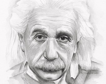 アルバート・アインシュタインの肖像画、水彩画アートプリント、科学