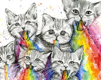 Rainbow Puke Kittens Watercolor Giclee Art Print