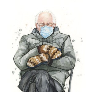 May include: A watercolor painting of a person wearing a gray jacket, a blue face mask, and brown and white mittens. The person is sitting on a black folding chair. The background is white with gray and white watercolor splatters.