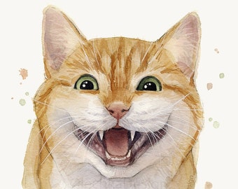 Funny Orange Cat Watercolor Painting, Smiling Cat Art Print